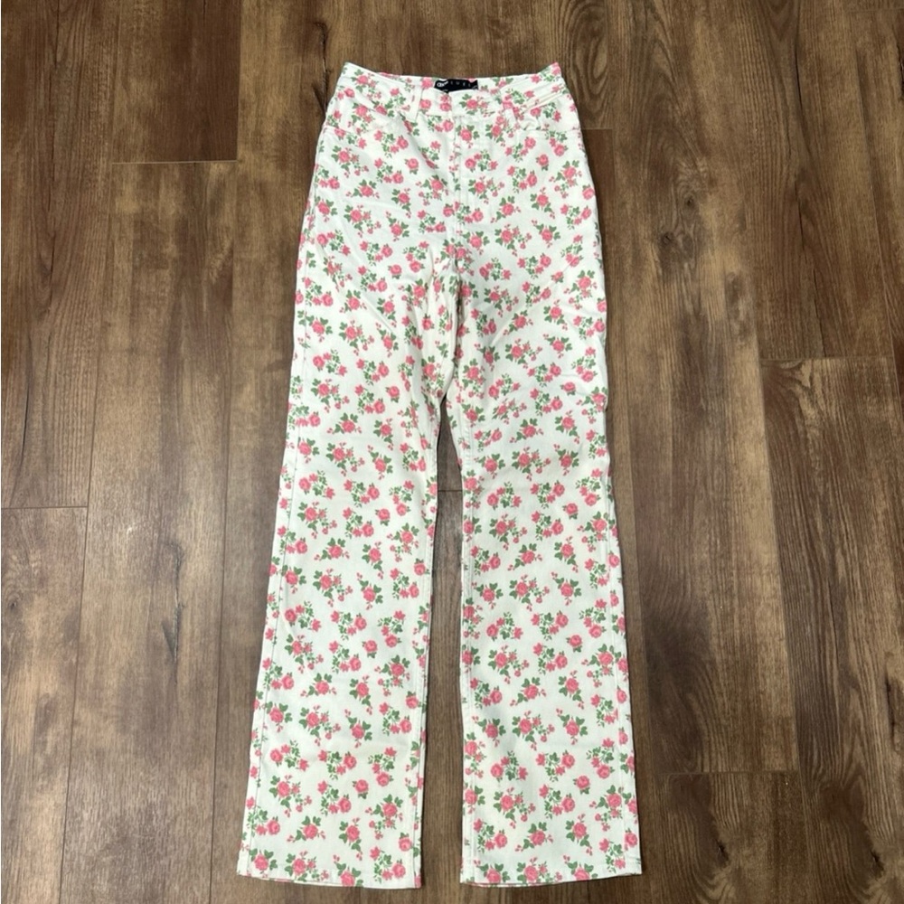 ASOS Floral Straight Leg Jeans - Cream and Pink